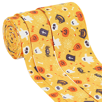 3Pcs 3 Styles Halloween Theme Printed Polyester Ribbons, Jacquard Ribbon, Tyrolean Ribbon, Garment Accessories, Halloween Theme Pattern, Yellow, 3/8~1-5/8 inch(10mm), about 2m/pc, 1pc/style