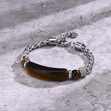 Natural Tiger Eye Curved Bar Link Bracelet(PW-WG96930-02)-2