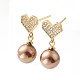 Boucles d'oreilles pendantes en forme de cœur avec zircon cubique et perles de coquillage(EJEW-F281-19G)-1