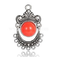 Antique Silver Alloy Chandelier Components Links, with Half Round Resin Cabochons, Orange Red, 32x21x5mm, Hole: 1mm and 2mm(PALLOY-J171-03AS)