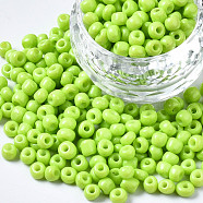 6/0 Glass Seed Beads, Baking Paint, Round Hole, Round, Green Yellow, 4~5x3~5mm, Hole: 1.2~1.5mm, about 4500pcs/Pound(SEED-S058-A-F275)