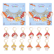 Autumn Theme Alloy Enamel Mushroom Elf Charm Locking Stitch Markers, Golden Tone 304 Stainless Steel Lobster Claw Clasp Locking Stitch Marker, Mixed Color, 4cm, 12pcs/set(HJEW-PH01710)