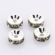 Brass Rhinestone Spacer Beads, Grade AAA, Straight Flange, Nickel Free, Silver Color Plated, Rondelle, Black Diamond, 6x3mm, Hole: 1mm(RB-A014-Z6mm-12S-NF)