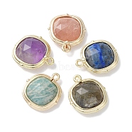 Natural Mixed Stone Pendants, Faceted Square Charms, with Golden Plated Brass Edge Loops, 16x14x5mm, Hole: 2mm(G-G012-09C)
