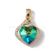 Real 18K Gold Plated Rack Plating Brass Micro Pave Clear Cubic Zirconia Pendants, with Glass, Long-Lasting Plated, Cadmium Free & Lead Free, Heart Charm, Medium Turquoise, 21.5x17x8mm, Hole: 5x3.2mm(KK-C015-16G-02)