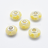 Handmade Polymer Clay European Beads, Large Hole Beads, Rondelle with Flower Pattern, Light Yellow, 13~16x8~11mm, Hole: 4.5~5mm(CLAY-K002-A37)