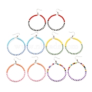 Colorful Glass Seed Beads Big Ring Dangle Earrings for Girl Women, 304 Stainless Steel Earring, Mixed Color, 70mm, Pin: 0.7mm(EJEW-JE04653)