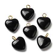 Natural Obsidian Pendants, Heart Charms with Golden Plated Brass Loops, 15~15.5x12~12.5x4.5~5.5mm, Hole: 2mm(G-E603-01G-04)