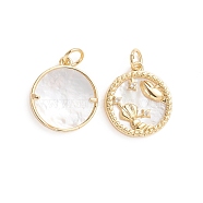 Brass Micro Pave Cubic Zirconia Pendants, with Natural Shell and Jump Ring, Flat Round with Twelve Constellations, Golden, Cancer, 17.5x15x2.5mm, Hole: 3.5mm(ZIRC-E164-36C-G)