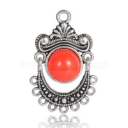 Antique Silver Alloy Chandelier Components Links, with Half Round Resin Cabochons, Orange Red, 32x21x5mm, Hole: 1mm and 2mm(PALLOY-J171-03AS)