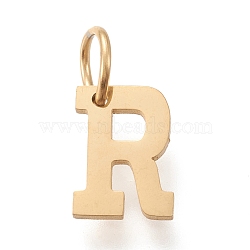 304 Stainless Steel Pendants, with Jump Rings, Manual Polishing, Golden, Letter.R, 10x7x1mm, Hole: 4.5mm(STAS-M276-A01)