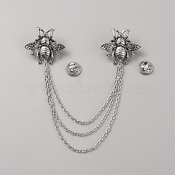 Double Bee Hanging Chain Brooch, Alloy Tassel Lapel Pin for Suit Shirt Collar, Antique Silver, 170mm(JEWB-WH0030-19AS)