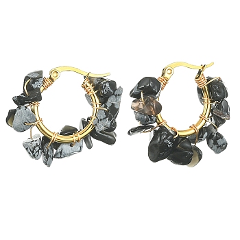 Natural Snowflake Obsidian Chips Braided Hoop Earrings, 304 Stainless Steel Wire Wrap Jewelry for Women, 25~27x28~33x7~9mm, Pin: 0.6mm