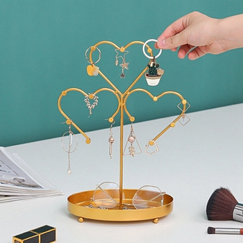 Iron Jewelry Display Stand with Tray, Jewelry Tree for Rings, Earrings, Bracelets, Glasses Storage, Golden, Heart, 21.5x11.3x32cm