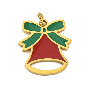 Christmas Theme Ion Plating(IP) 304 Stainless Steel Pendants, with Enamel and Jump Ring, Golden, Christmas Bell, 15x13.5x1mm, Hole: 2.5mm