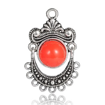 Antique Silver Alloy Chandelier Components Links, with Half Round Resin Cabochons, Orange Red, 32x21x5mm, Hole: 1mm and 2mm