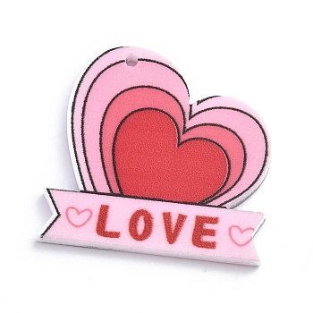 Acrylic Pendants, Valentine's Day Theme Charm, Word Love, 31x32x2mm, Hole: 1.4mm
