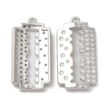 Brass & Cubic Zirconia Pendants, Blade Charm, Real Platinum Plated, 32x15x4mm, Hole: 1.6mm