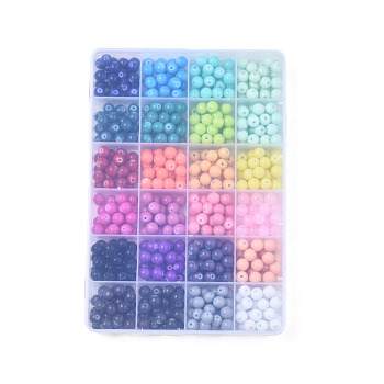 Baking Painted Glass Beads, Round, Mixed Color, 8x7.5mm, Hole: 1.2mm, 24 Colors, 20~28Pcs/color, about 550~600Pcs/box