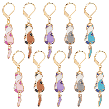 Cat Alloy Enamel Pendant Stitch Markers, Crochet Leverback Hoop Charms, Locking Stitch Marker with Wine Glass Charm Ring, Mixed Color, 5.1cm, 5 colors, 2pcs/color, 10pcs/box