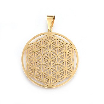 304 Stainless Steel Pendants, Spiritual Charms, Flat Round with Flower of Life/Sacred Geometry, Golden, 42x39x1.2mm, Hole: 8x6mm