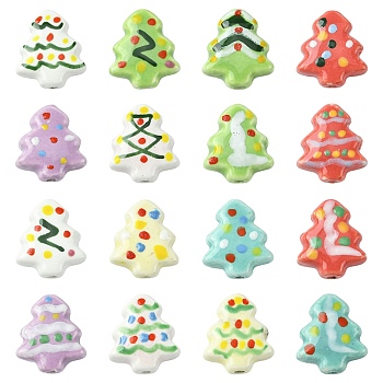 16Pcs 16 Colors Handmade Porcelain Beads, Hand Painted Ceramic Beads, Christmas Tree, Famille Rose Porcelain, Mixed Color, 16.5~17x14.5~15x6.5~7mm, Hole: 1.4~1.8mm, 1pc/color