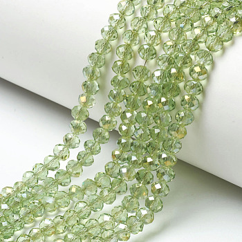 Electroplate Transparent Glass Beads Strands, Half Rainbow Plated, Faceted, Rondelle, Lawn Green, 6x5mm, Hole: 1mm, about 85~88pcs/strand, 16.1~16.5 inch(41~42cm)