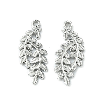 304 Stainless Steel Pendants, Leafy Branch Charms, Stainless Steel Color, 23x9.5x1.5mm, Hole: 1.4mm