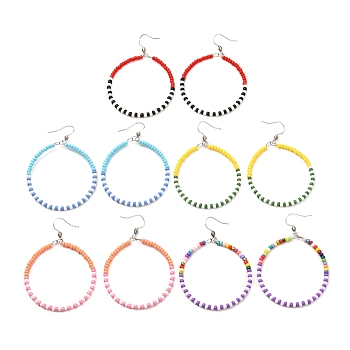 Colorful Glass Seed Beads Big Ring Dangle Earrings for Girl Women, 304 Stainless Steel Earring, Mixed Color, 70mm, Pin: 0.7mm