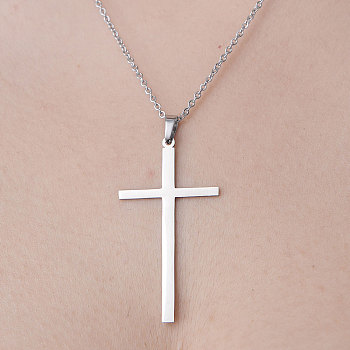 201 Stainless Steel Cross Pendant Necklace, Stainless Steel Color, 17.72 inch(45cm)