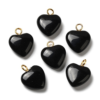 Natural Obsidian Pendants, Heart Charms with Golden Plated Brass Loops, 15~15.5x12~12.5x4.5~5.5mm, Hole: 2mm