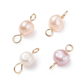 Natural Cultured Freshwater Pearl Connector Charms, with Golden Tone 304 Stainless Steel Loops, Nuggets, Seashell Color, 13.5~14x5~7x4.5~5mm, Hole: 1.8~2.8mm