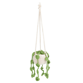 Woolen Yarn Crochet Plant Basket Hanging Decorations, for Car Rearview Mirror Decoration, Dark Sea Green, 40cm