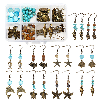 DIY Retro Ocean Theme Earring Making Kits, Including Alloy & Brass Pendants, Natural Freshwater Shell Beads, Mixed Gemstone Beads, Brass Earring Hooks, Antique Bronze