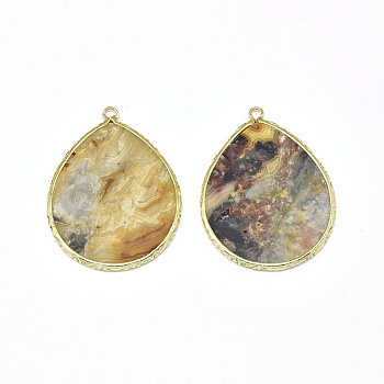 Natural Crazy Agate Pendants, with Brass Findings, teardrop, Golden, 44~45x34~35x2mm, Hole: 2mm