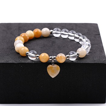 Round Natural Yellow Jade & Quartz Crystal Beaded Stretch Bracelets, Heart Charm Bracelets for Women