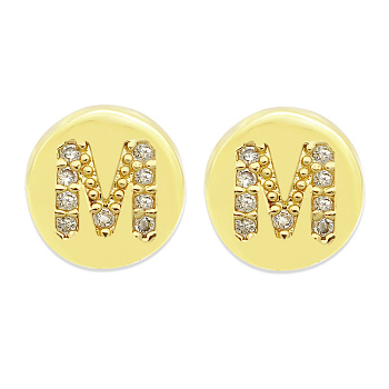 Brass Micro Pave Clear Cubic Zirconia Beads, Flat Round with Letter, Letter.M, 7.5x6.5mm, Hole: 3.5mm, 3pcs/bag