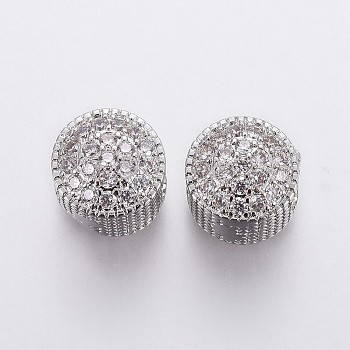 Brass Micro Pave Cubic Zirconia European Beads, Large Hole Beads, Flat Round, Clear, Platinum, 11x10mm, Hole: 4.5mm