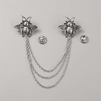 Double Bee Hanging Chain Brooch, Alloy Tassel Lapel Pin for Suit Shirt Collar, Antique Silver, 170mm