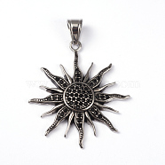 316 Surgical Stainless Steel Big Pendants, Sun, with Rhinestones, Antique Silver, 50x44x5.5mm, Hole: 10x6mm(STAS-K086-26AS)