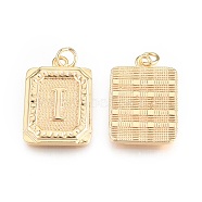 Brass Pendants, with Jump Rings, Cadmium Free & Nickel Free & Lead Free, Rectangle with Letter, Real 18K Gold Plated, Letter.I, 22.5x16x2mm, Jump Ring: 5x1mm, 3mm inner diameter(KK-N232-512I)