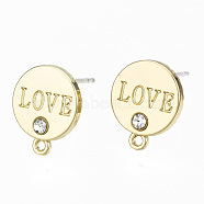 Alloy Stud Earring Findings, with Crystal Rhinestone and Loop and Steel Pin, Flat Round with Word LOVE, Light Gold, 12.5x10.5mm, Hole: 1mm, Pin: 0.7mm(PALLOY-T064-67LG-RS)