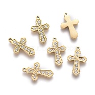 316 Surgical Stainless Steel Cubic Zirconia Tiny Cross Charms, Religion, Golden, 13.5x8.5x1.5mm, Hole: 1mm(STAS-F256-018G)