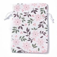 Burlap Packing Pouches Drawstring Bags, Rectangle, White, Flower, 13.5~14x10x0.35cm(ABAG-L016-A07)