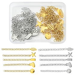 20Pcs 10 Style 304 Stainless Steel Curb Chain Extender, End Chains with 202 Stainless Steel Chains Tabs, Starfish & Flat Round & Leaf & Heart, Golden & Stainless Steel Color, 58~71mm, 2Pcs/style(STAS-FS0001-37)
