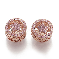 Alloy Rhinestone European Beads, Hollow, Large Hole Beads, Flat Round with Star, Rose Gold, Rose, 12x11x9mm, Hole: 5mm(PALLOY-T048-05RG-01)