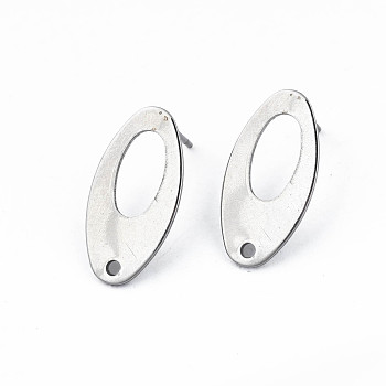 201 Stainless Steel Stud Earring Findings, with 304 Stainless Steel Pins and Hole, Oval, Stainless Steel Color, 19x9.5x1mm, Hole: 1.5mm, Pin: 0.7mm