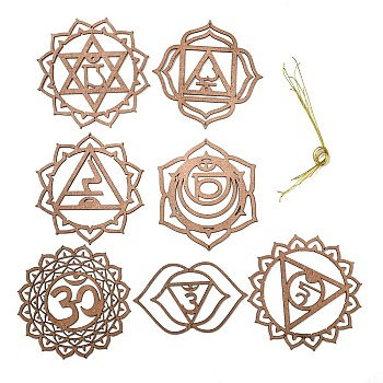 Bohemian Meditation Energy Symbol Wood Coasters, 7 Chakra Yoga Wall Art Cup Mat, Also as Pendant Decorations, with Rope, Coconut Brown, 1000mm