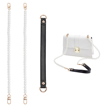 WADORN 3Pcs 2 Style PU Leather Shoulder Strap & ABS Plastic Imitation Pearl Bag Chain Straps, with Alloy Findings, for Bag Straps Replacement Accessories, Black, 26.5~41x1~1.75x0.3~1cm