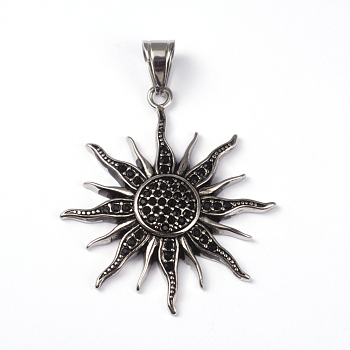 316 Surgical Stainless Steel Big Pendants, Sun, with Rhinestones, Antique Silver, 50x44x5.5mm, Hole: 10x6mm